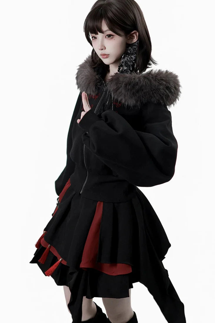 Dark Detachable Fur Jacket + Skirt + Pants