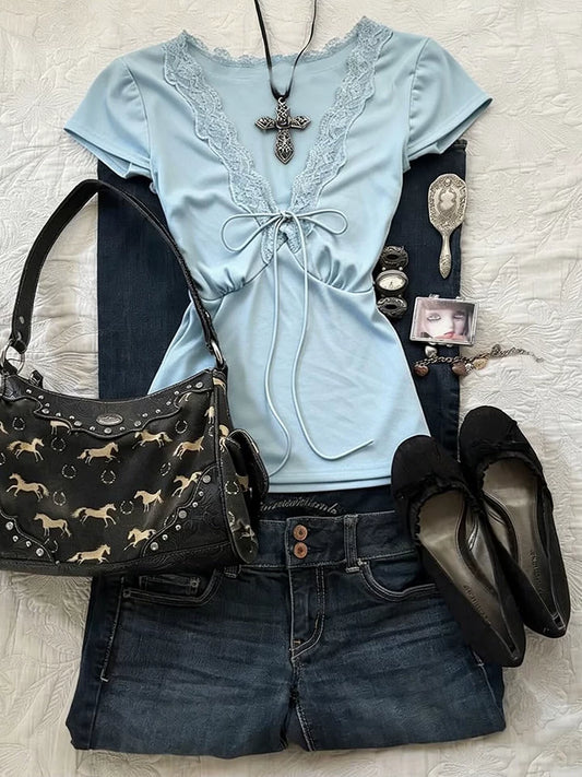 Blue V-Neck Drawstring Vintage Flattering T-Shirt Sweet Summer Chic Boutique Short-Sleeve Top
