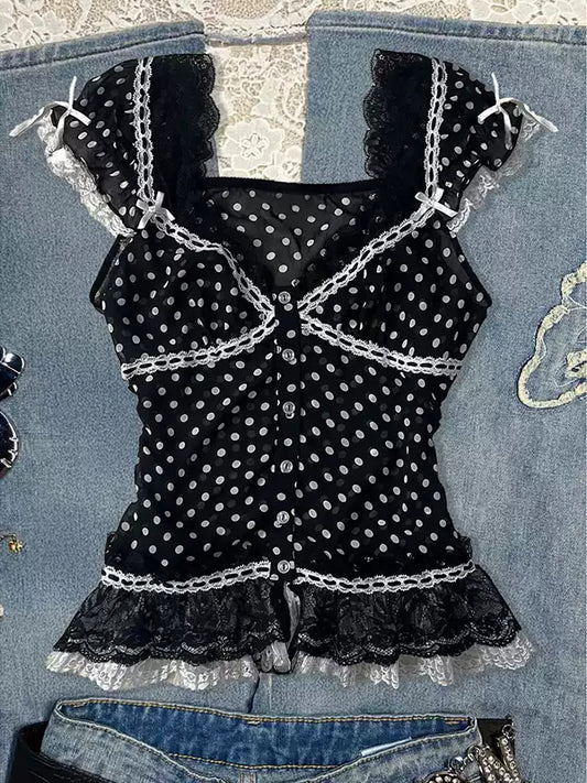 Dark Coquette Lace Polka Dot Chiffon Shirt