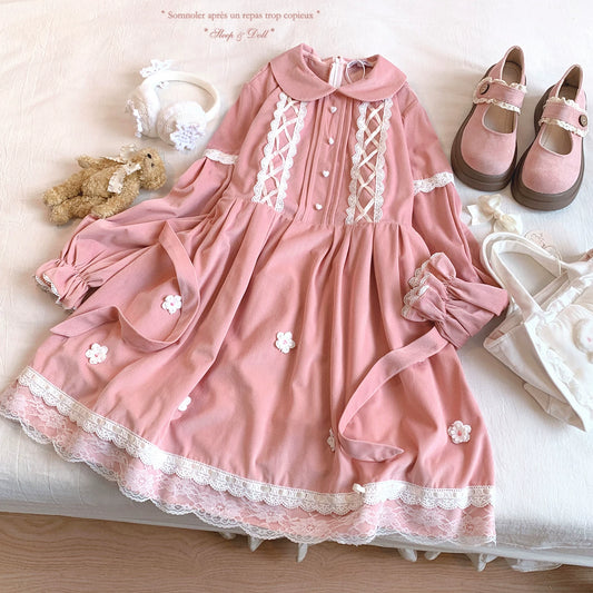 Last-Stock NHGG Doll Collar Lace Cross Tie Layered Peplum Short Sleeve Sweet Corduroy Dress with 3D Little Flowers