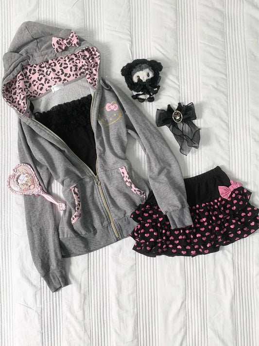Y2K Leopard Print Cat-Ear Hoodie | Grey & Pink Shibuya Streetwear for Women