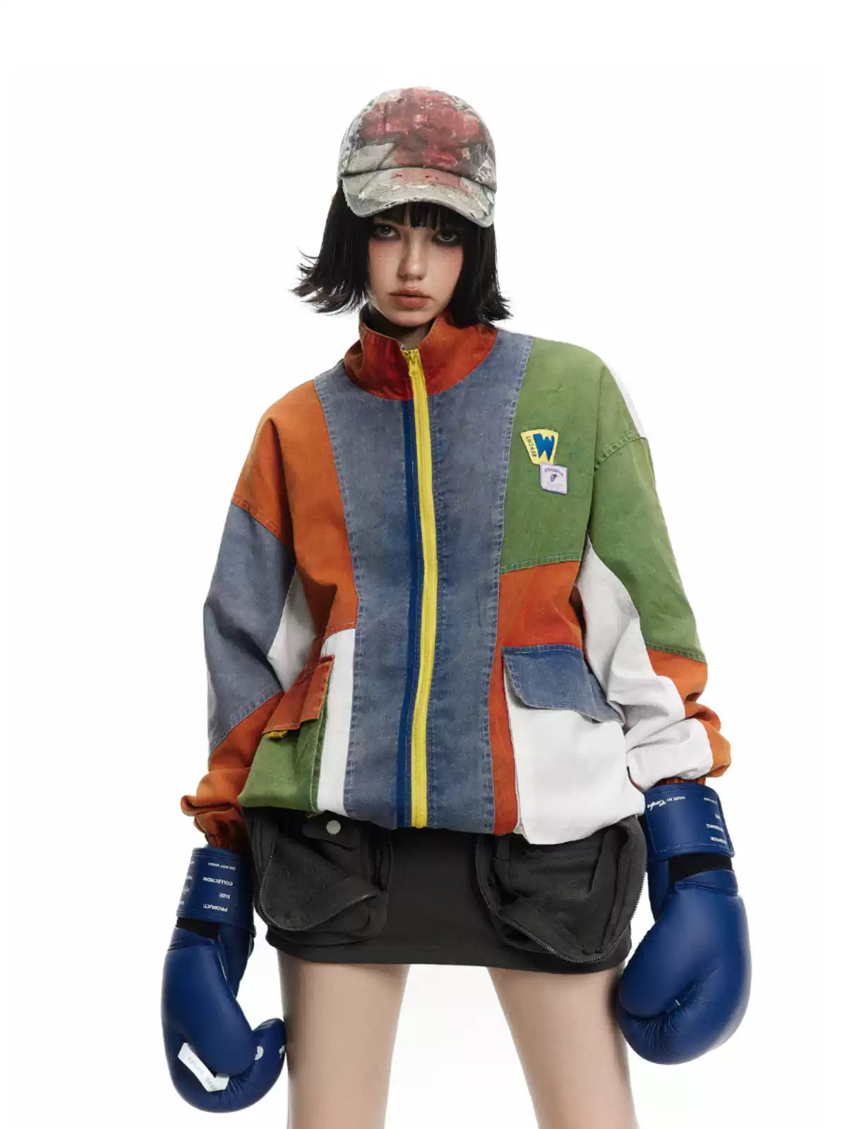 American small multi-material contrasting color splicing jacket