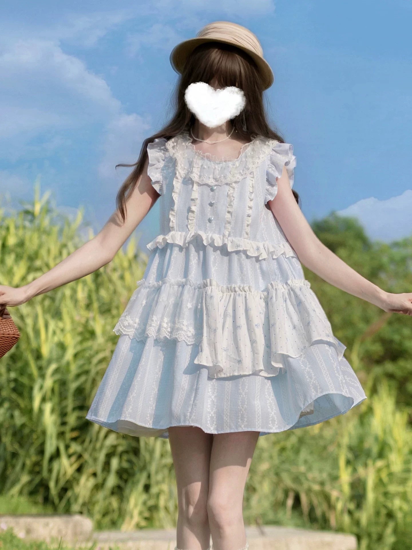 Lalah Sauce | Summer Evening Breeze | Original Design Sweet Flounce-Sleeve Doll Dress for Petite, Loose Fit Dress for Summer
