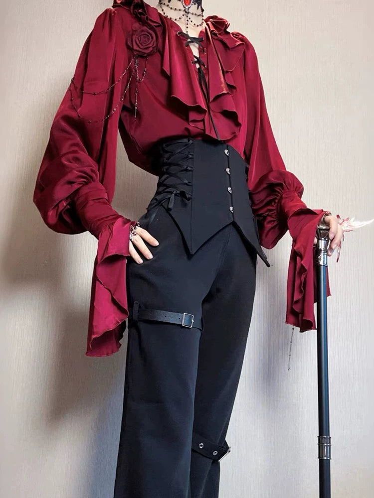 Lolita Prince-Style Long-Sleeve Shirt, Gothic-Inspired Layering Top in Red with Bat-Wing Sleeves, Vintage Medieval Base Shirt