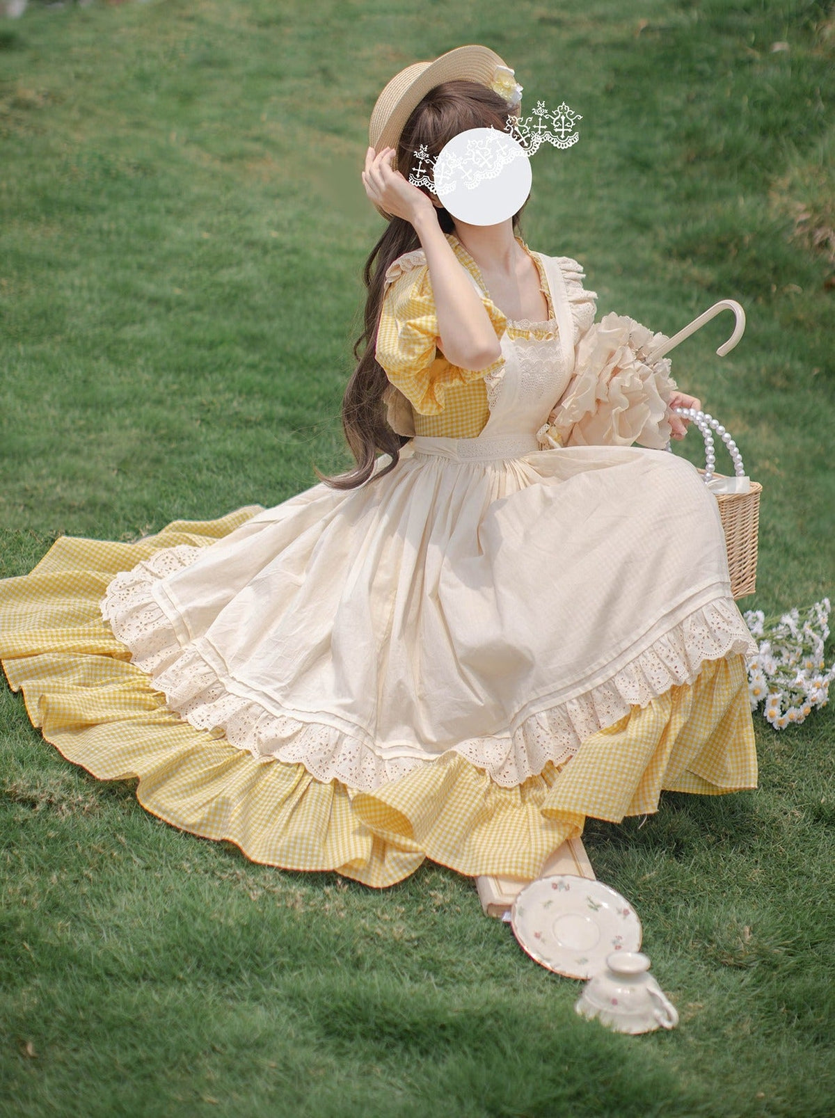 【Pre-order item】Retro Girly Yellow Dress + Apron + Ribbon