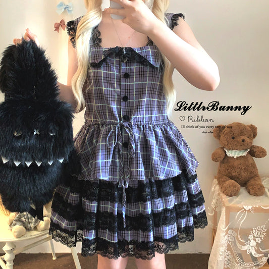 Sleepingdoll Handcrafted* Shadow Little Rabbit Plaid Dark Goth Lolita Lace Camisole Skirt Set