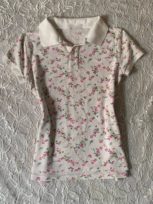 Sweet Floral Print Slimming Peter Pan Collar Short-Sleeve Polo Shirt for Women—Lightweight Summer, Boutique & Youthful Styling