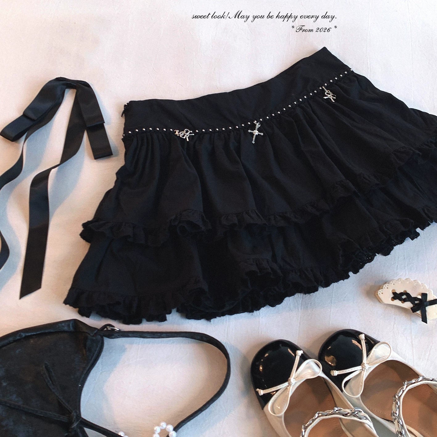 Last-Season Deal Bow Cross Pendant Sweet & Cool Cake-Style Midi Skirt with Frilly Ear-Edge Hem