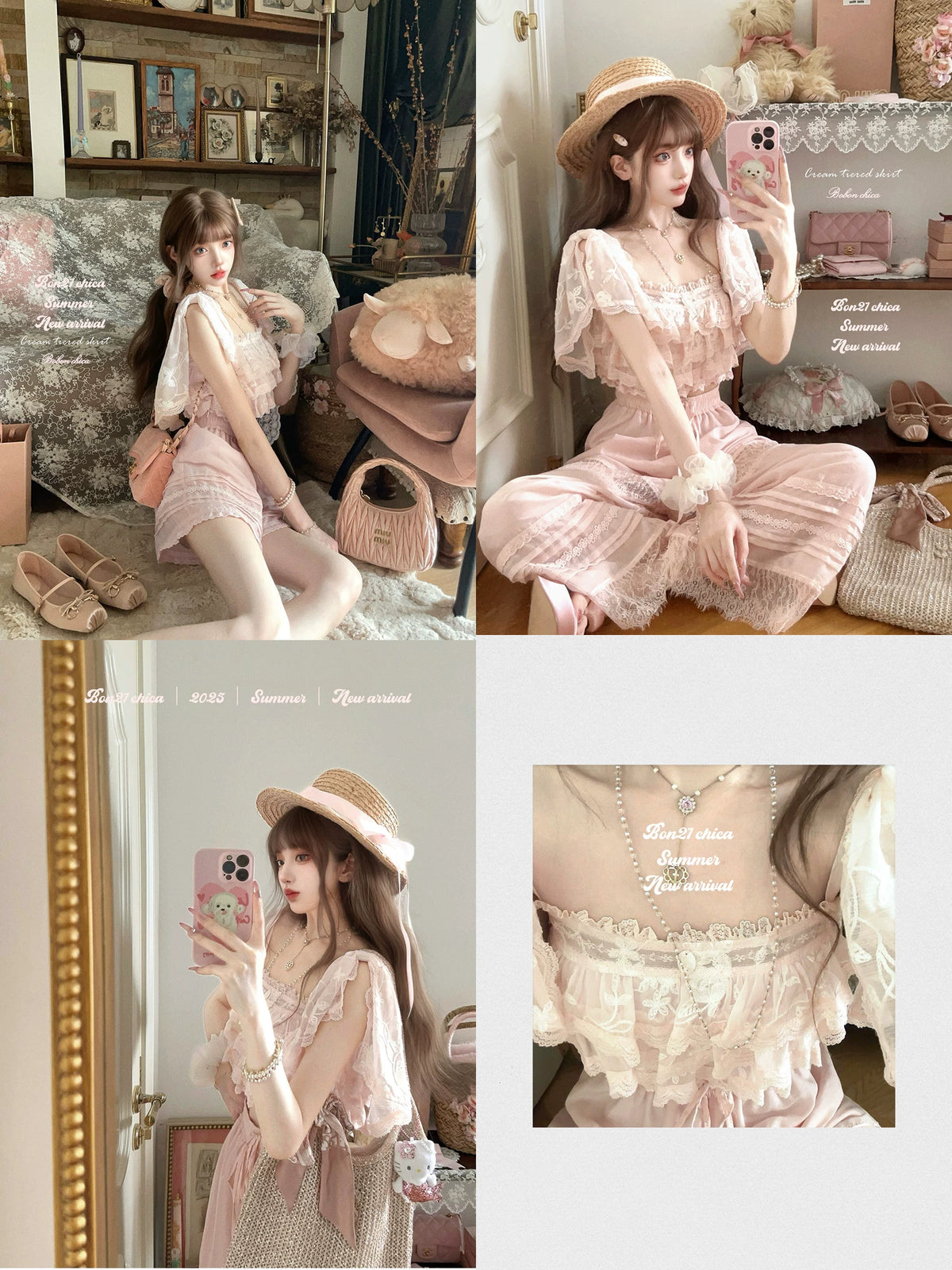 Sicily Holiday French Puff-Sleeve Camisole Embroidered Chiffon Top T2408