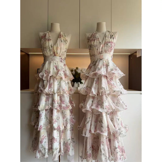 Mi You Handmade 2026 Rose Garden / French Vacation Style Floral Halter Neck Chiffon Cake Maxi Dress for Women V-Neck 80822 Everyday Backless