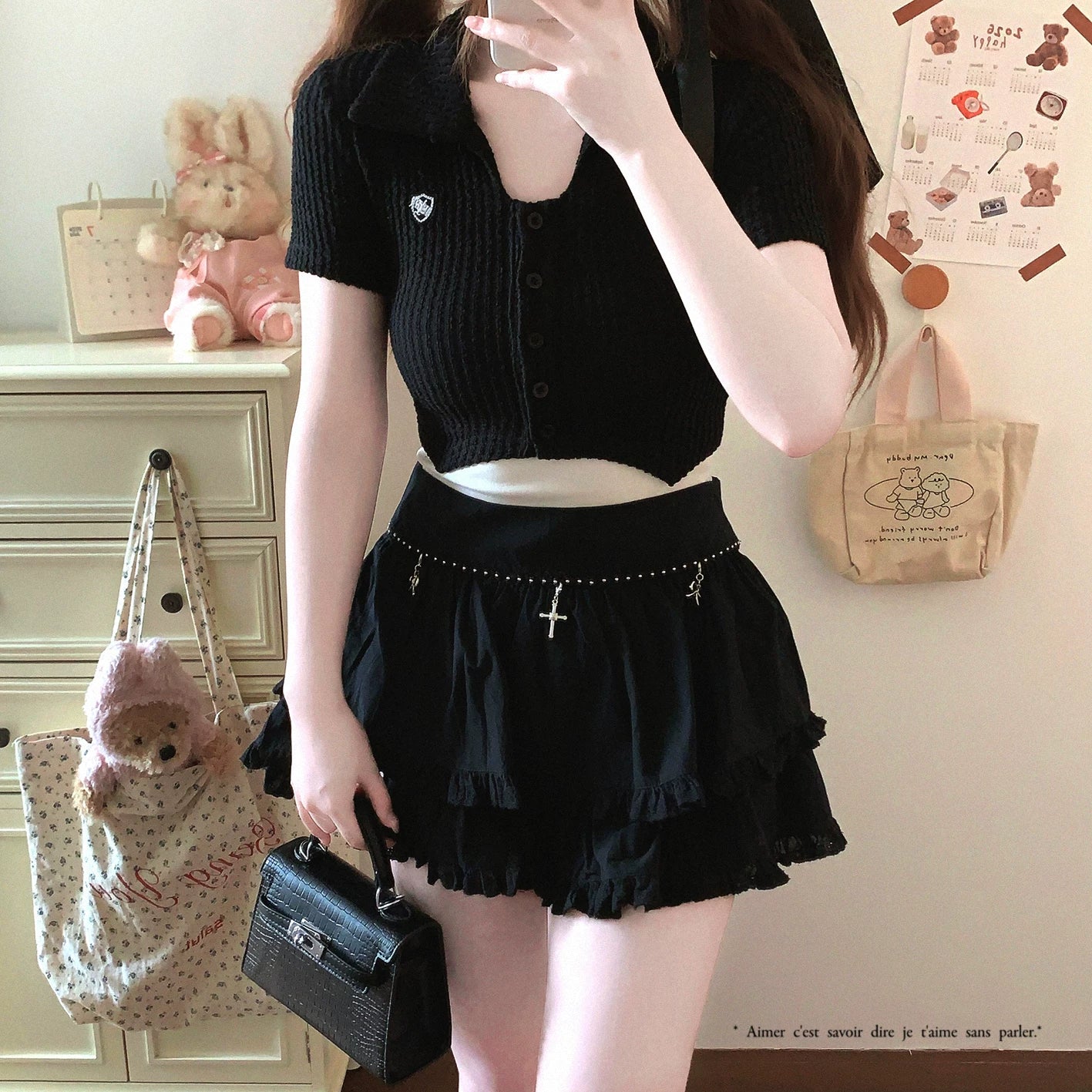 Last-Season Deal Bow Cross Pendant Sweet & Cool Cake-Style Midi Skirt with Frilly Ear-Edge Hem