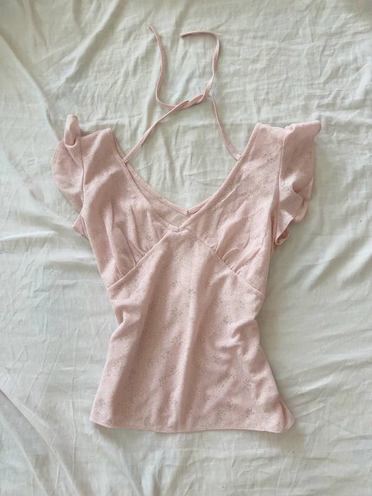 Korean-Style Pink Girlcore Flutter-Sleeve Top Summer for Women, Sweet and Refined Boutique Outfits