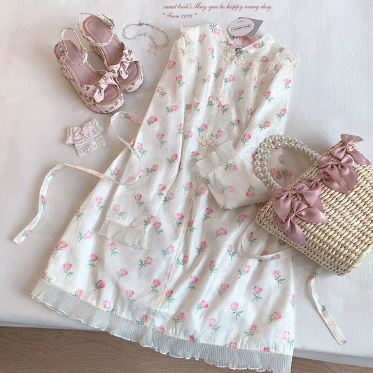 Last-Season Mysn Stand Collar Vintage Rose Print Button-Front Patchwork Mesh Lace Midi Dress