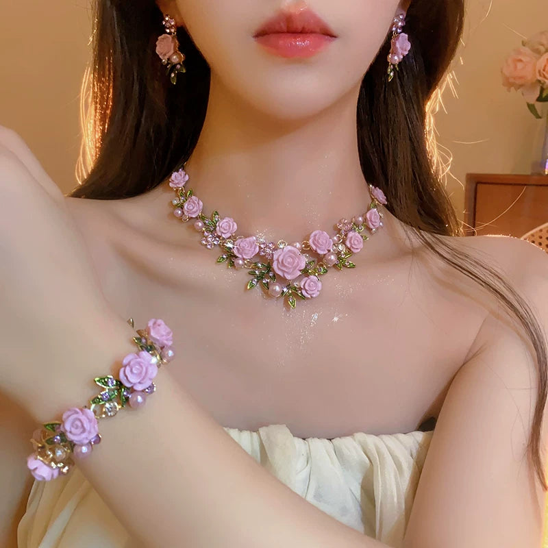 Pearl Collar Necklace with Pink Flowers for Women, Bold Statement Neckwear, 2026 New Fashion Accessory - Purple Set 3 Necklace + Bracelet + Earrings