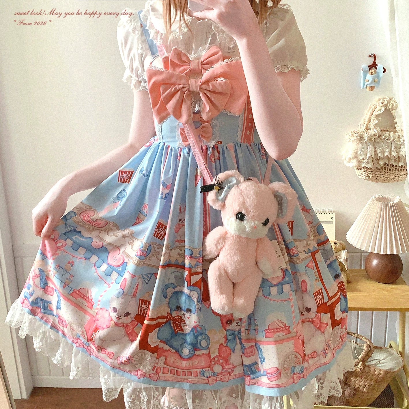Last-Call BTSN Adorable Popcorn Bear & Bunny Print Patchwork Lace Bow Lolita Dress *f