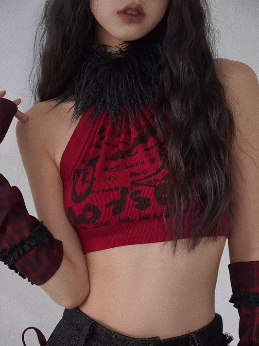 red and black rock fur collar vest