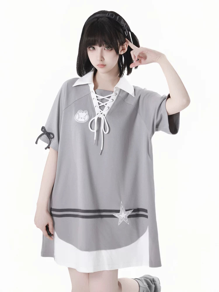 PinkSavior 【Cute Bunny Pitcher】 Grayish Summer Ballgown Dress Outfit with Ruffles, Drawstring Waist and Bow-Tie Belt