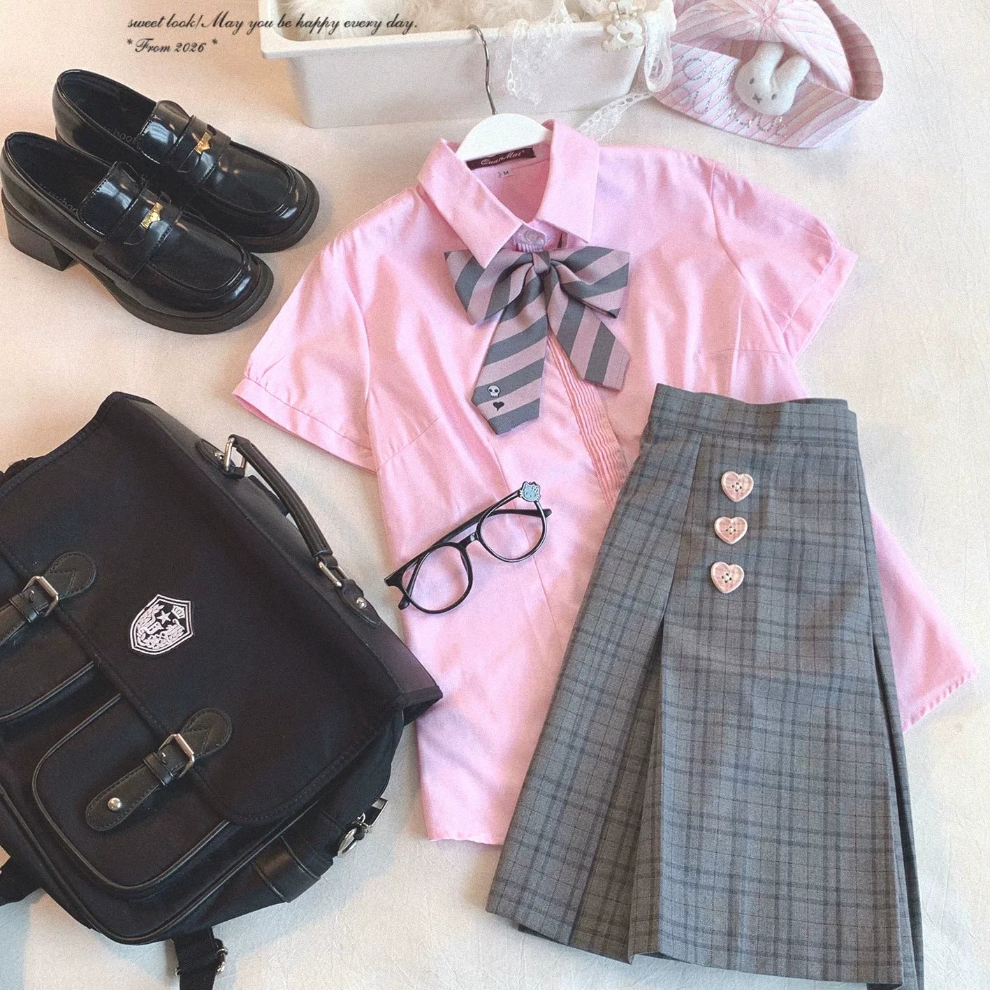 Last-Call Stock XY School Supply Loose-Fit Academy-Style Embroidered Wide-Pleat Skirt in Light Gray Tartan