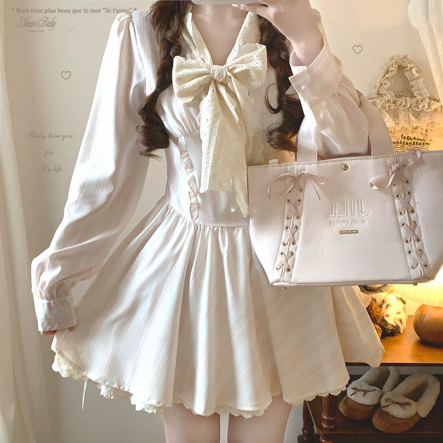 Final-stock Pure-Desire Style Sweet Vintage Lace Tie Bow Striped Patchwork Ruffle-Trim Dress