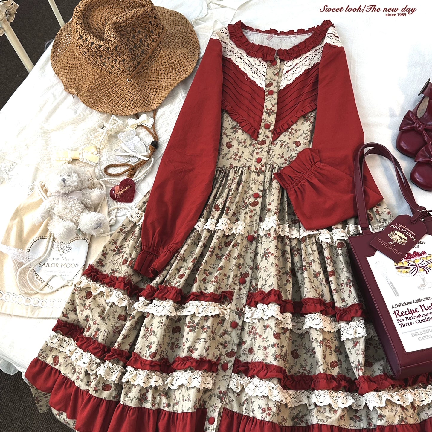 “sleepingdoll Handmade” Printed Fruit Basket Cotton Linen Dress with Long & Short Sleeves, Vintage Elegant