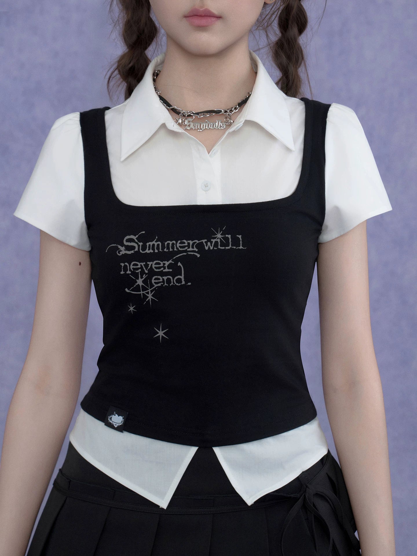 SagiDolls Girls’ Fighting Spirit Dark Sweet Goth School Style Knit Vest Short Sleeve Shirt Two-Piece Look Top Summer