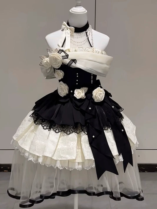 Night Kiss Venus Gentle & Elegant Hepburn Lady Rose-Detail Halter Off-Shoulder Lolita Dress Outfit