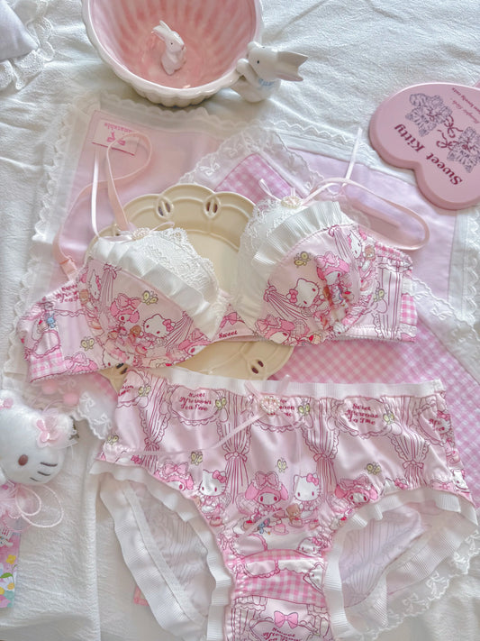 Kitty Lace Bow Wireless Bra Set | Sweet Coquette Lingerie Set Kitty Afternoon Tea (Set)