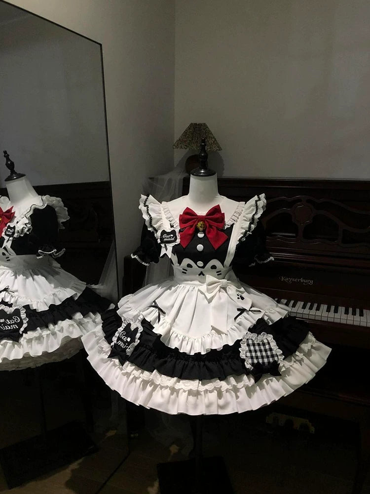 New Summer Japanese Sweet Lolita Lace Doll Collar Dress Cute Floral Print with Apron Suspender Set (2-Piece)