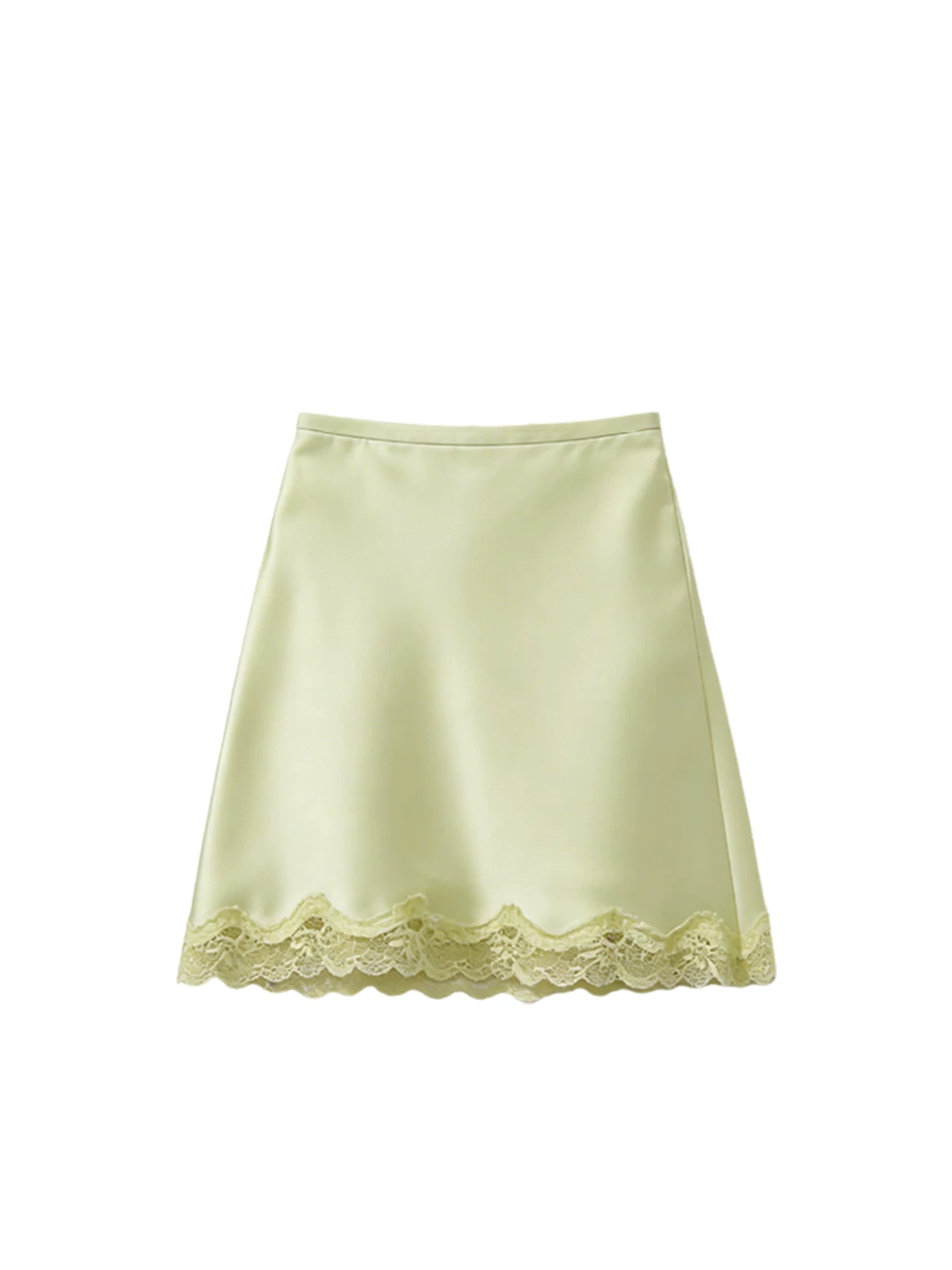 Mint Wave Green Lace Panel Satin A-Line Mini Skirt for Girls—Fresh Summer, Unique Style