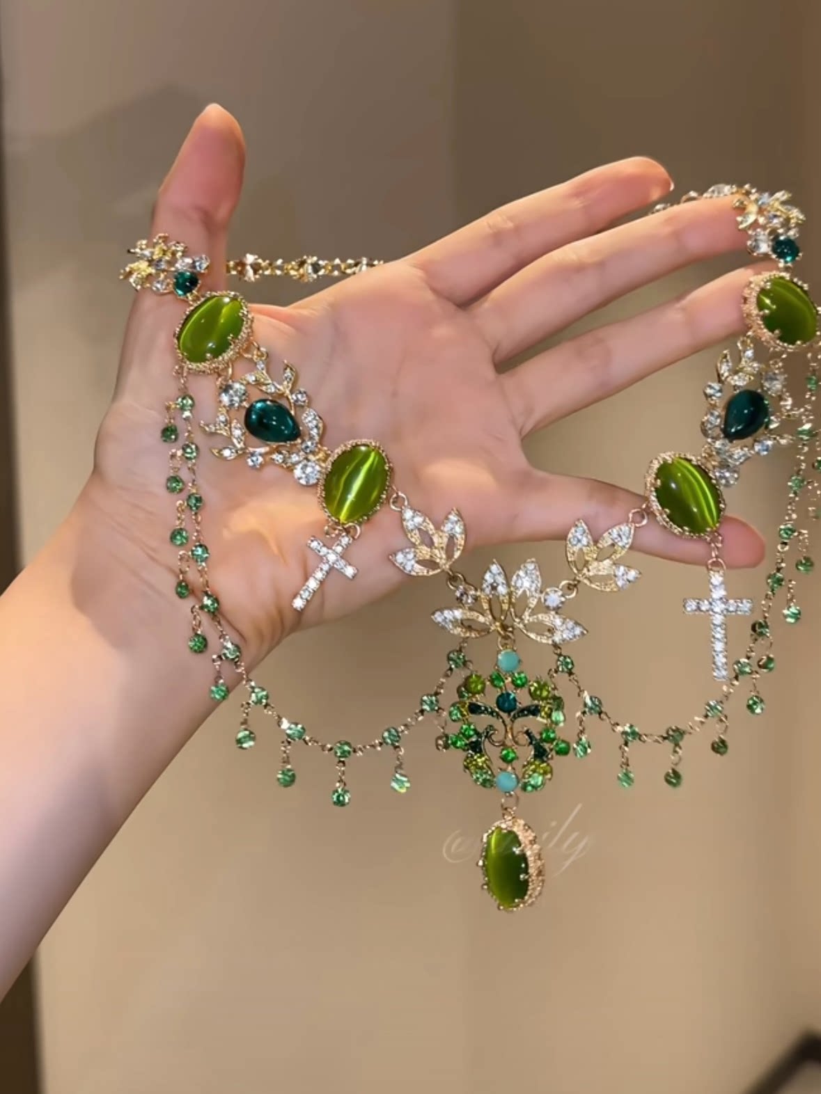 Spring/Summer Botanical Green Floral Tassel Necklace, Ornate Statement Choker, Luxe Double-Layer Necklace for Women