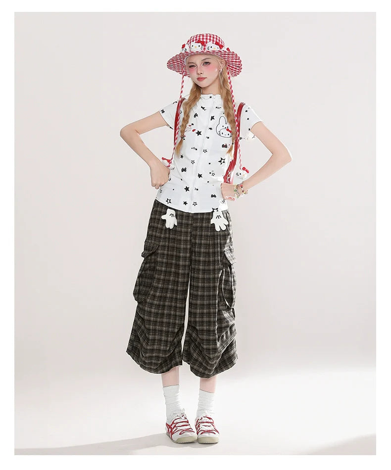 Plaid Culottes with White Bear Patch Detail