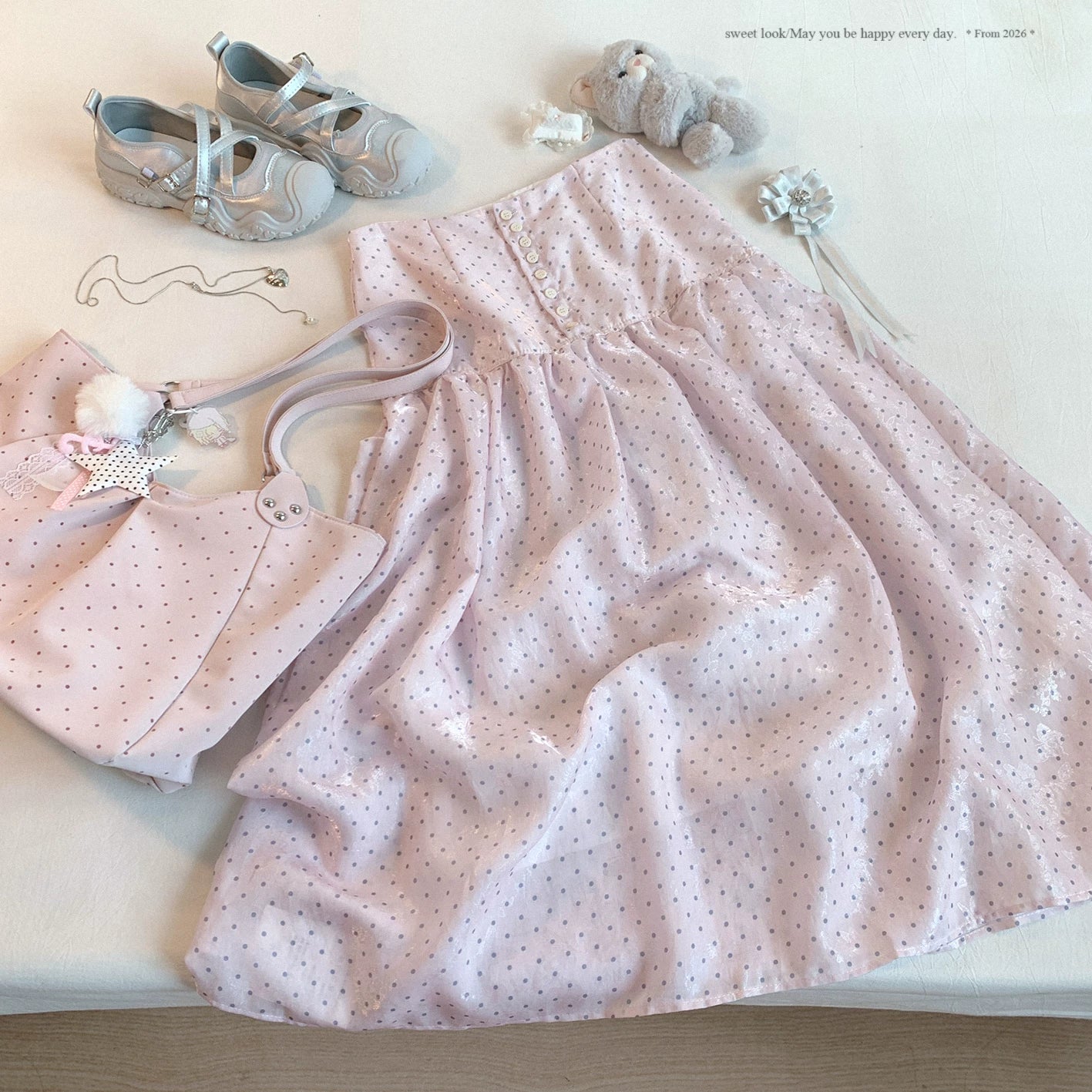 Final Stock Gray-Pink French Polka Dot High-Waist Single-Breasted Peplum Skirt with Sheeny Texture Jacquard Pattern