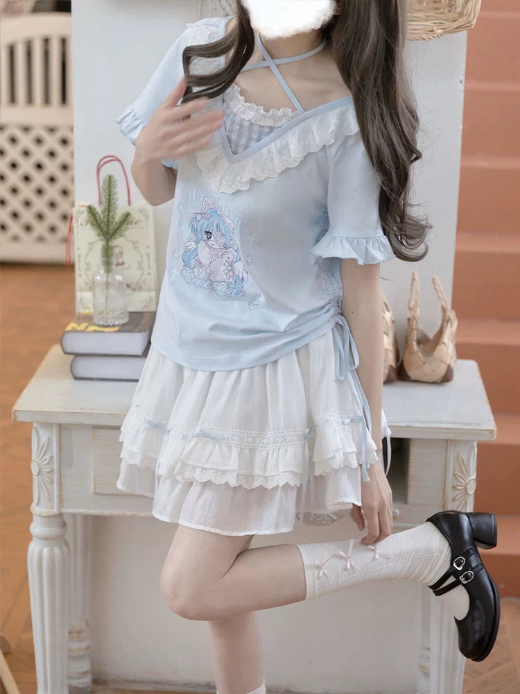 LaLa Sauce Ai Shen Cat Cat – Blue Original Design Lolita Home Outfit Flattering Slimming Skirt Set (Spring & Summer New)