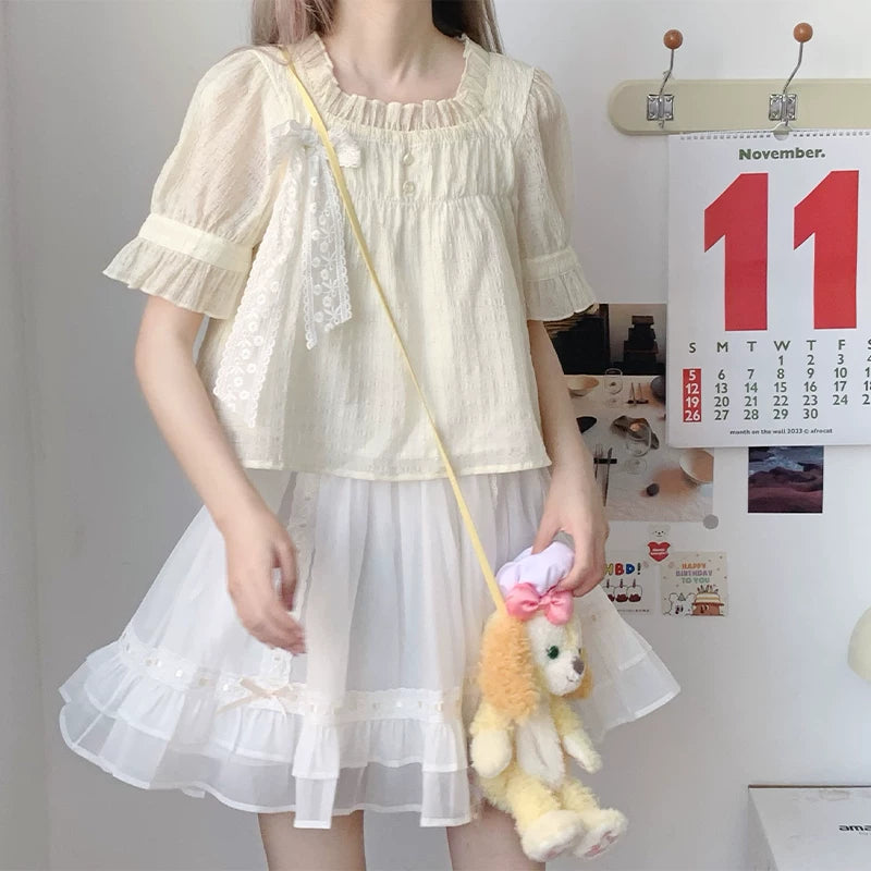 Lala Sauce Milk Flavor Original Design Blue Lightweight Chiffon Overlay Top & White “Cake Skirt” Dress Set