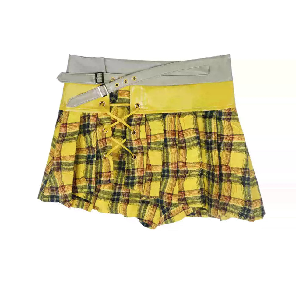 Yellow plaid irregular fine wrinkle skirt