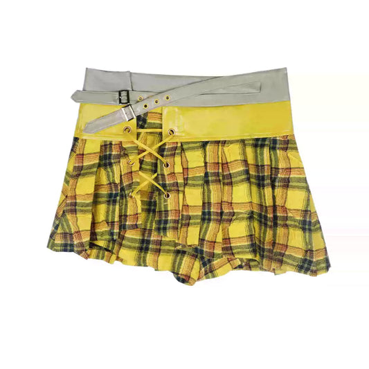 Yellow plaid irregular fine wrinkle skirt