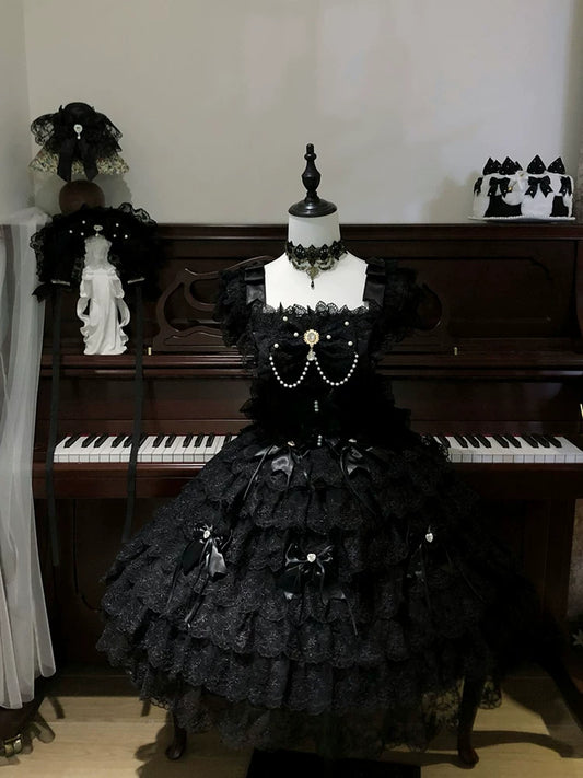 Black & White Lolita Sweet Bride Floral Dress JSK Strappy Sundress