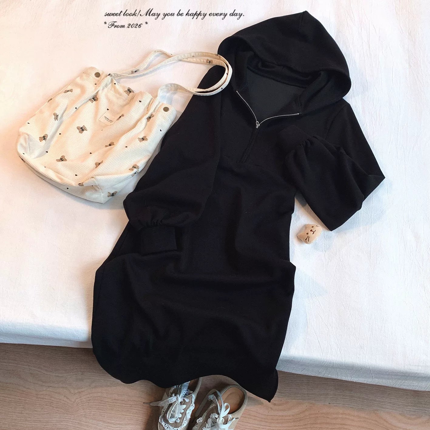 Last-Stock GR* Solid Color Minimalist Hooded Sweatshirt Dress, Casual Everyday, Versatile Zip-Front Dress