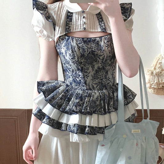 Last-Piece GDRX Blue-and-White Porcelain Embroidery Cami Corset Short Skirt “Whalebone” French Vintage Cami Set *f