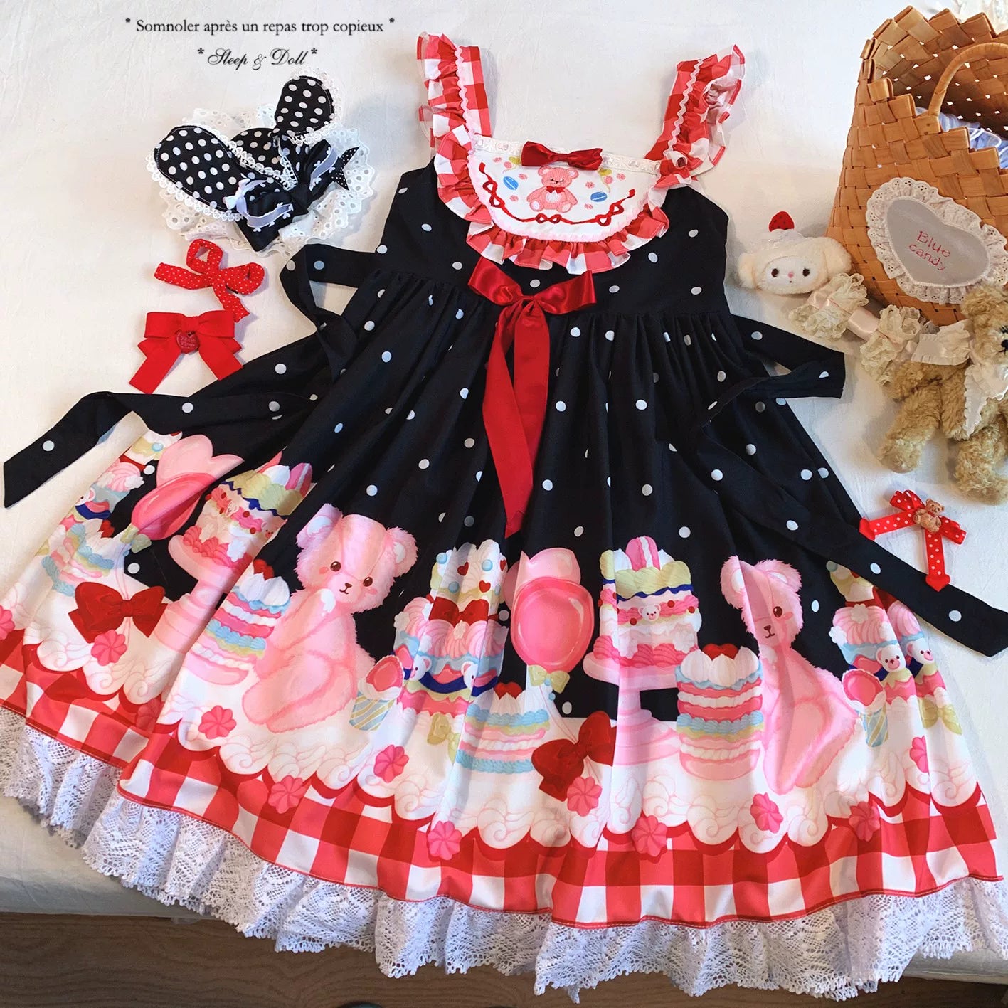 Last-chance HGL Vintage Checkered Puff-Sleeve Embroidered Drool Bib Sweet Dessert Bear Polka-Dot Cami Dress