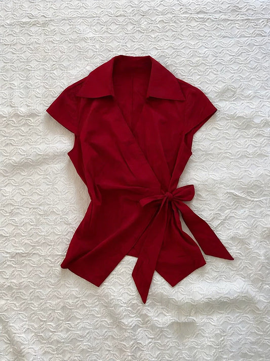 Red Vintage V-Neck Fitted Waist-Defining Tie-Detail Short-Sleeve Top for Women, Summer New Style—Versatile Everyday Wear