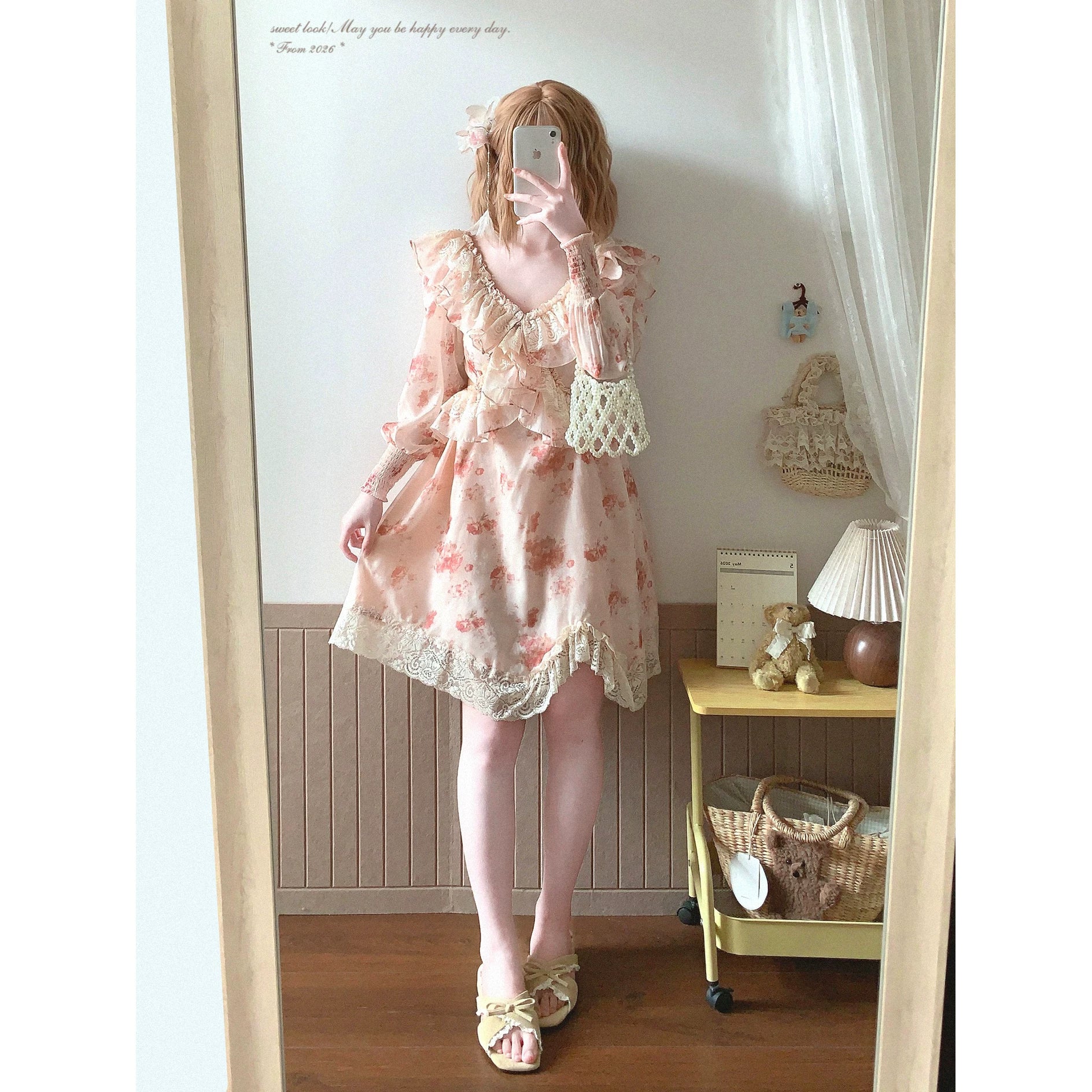 Final Stock yxt* French Vintage Lace Trim Sweet Floral Jacquard Midi Dress
