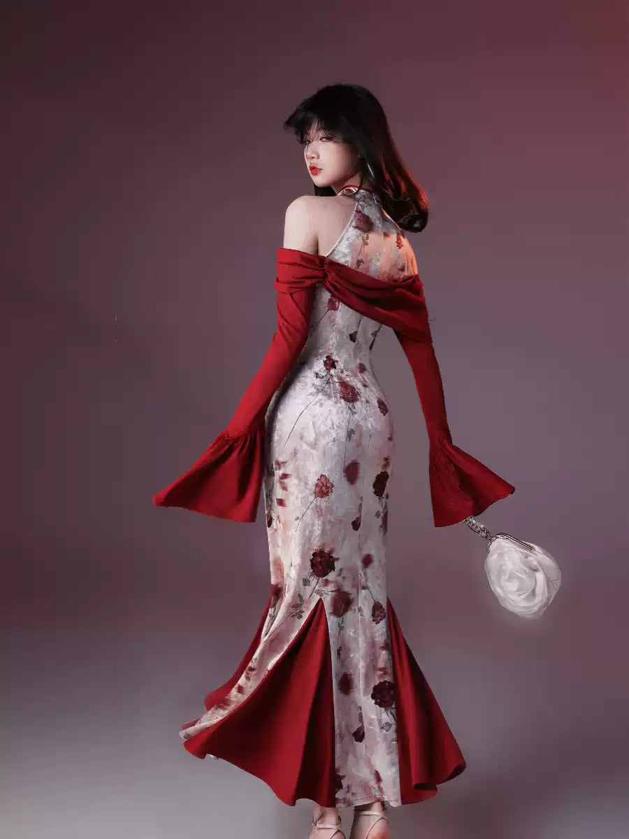 Rose Velvet Printed Fishtail Cheongsam Dress