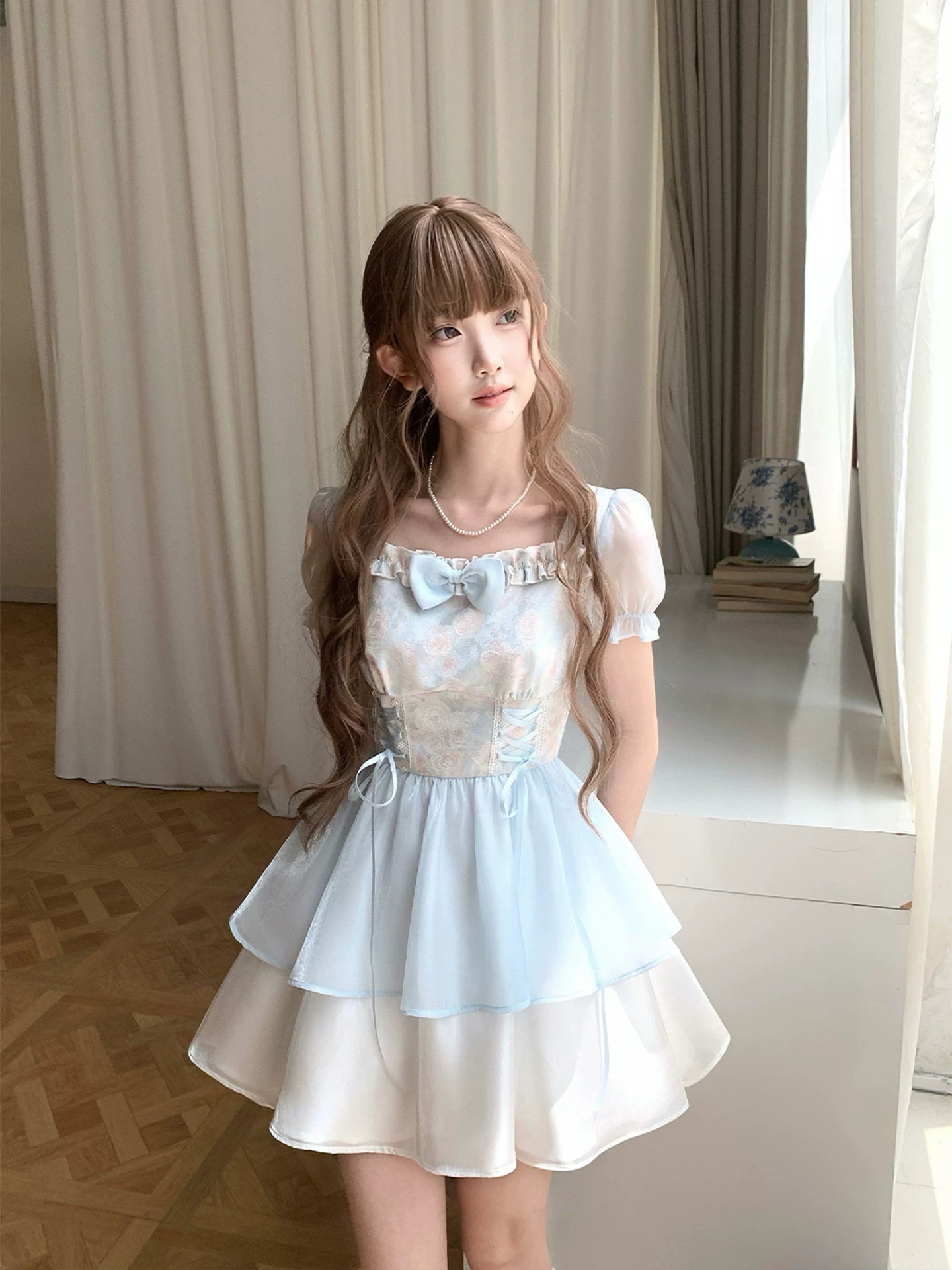 Lala Sauce Blue Moon Series Square-Neck Floral Dress with Bow Tie and Layered Tulle Puff Skirt (Lolita Short Dress)