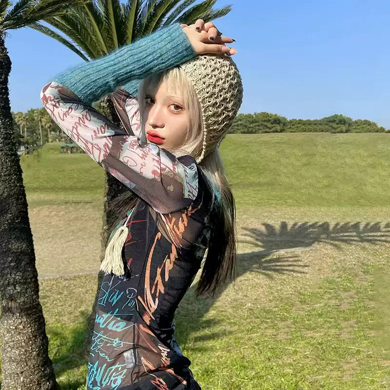 Long-sleeved Mesh Printed Top
