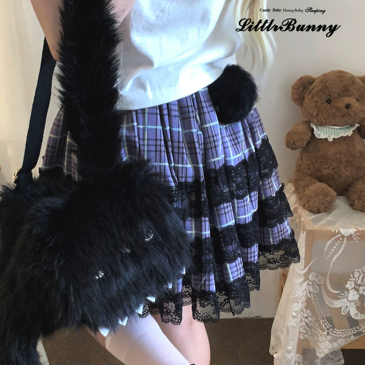 Sleepingdoll Handcrafted* Shadow Little Rabbit Plaid Dark Goth Lolita Lace Camisole Skirt Set