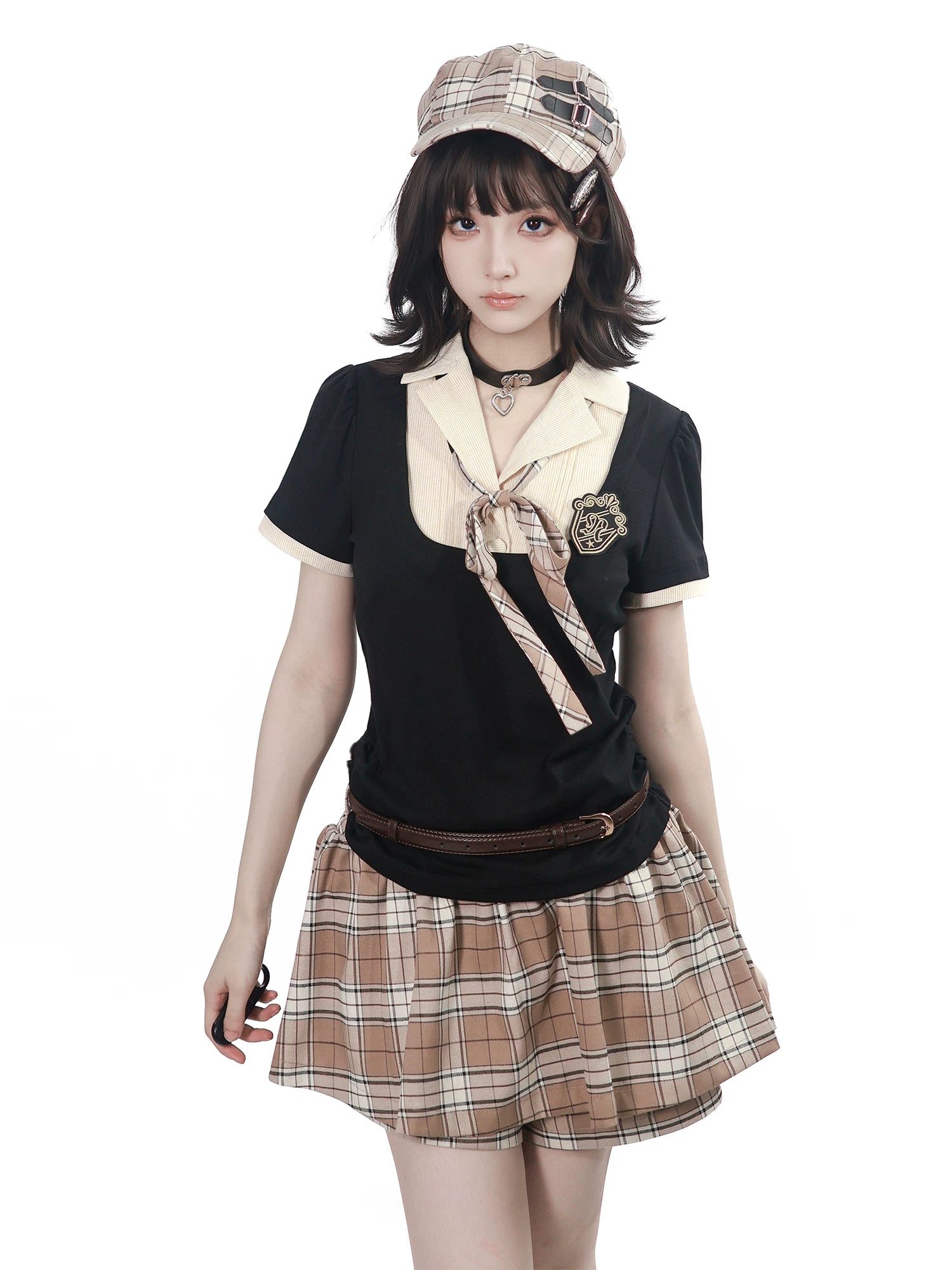 In Stock & Ready to Ship【Bailai Institute】Summer Corset-Waist Three-Color Faux Two-Piece Soft Cotton Top + Plaid Skirt-Pants Set