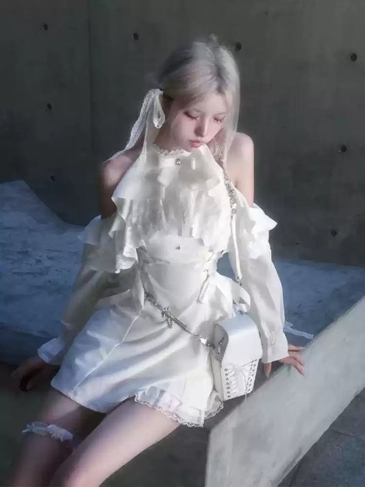 White Halter-neck Ruffled Angelic Dress