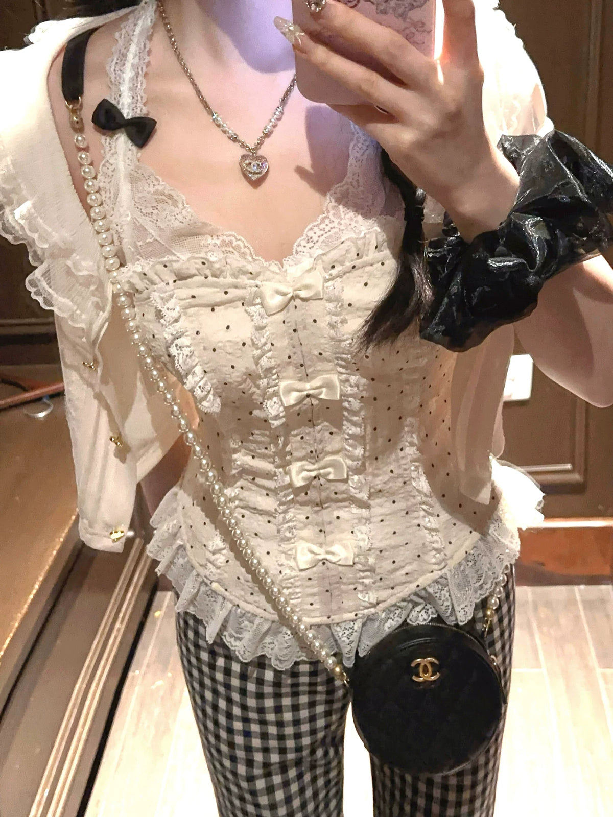 “Pinched Waist” French Girl Polka Dot Slim-Fit Chiffon Bustier Top T2324