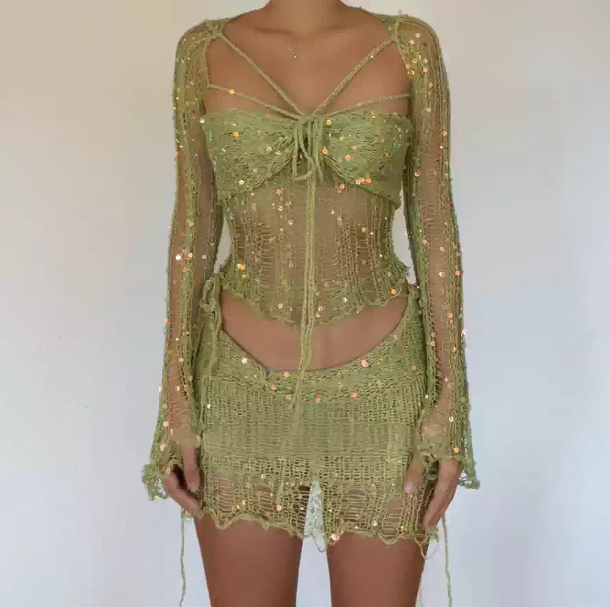 Baddie Sequined See-through Knitted Suit
